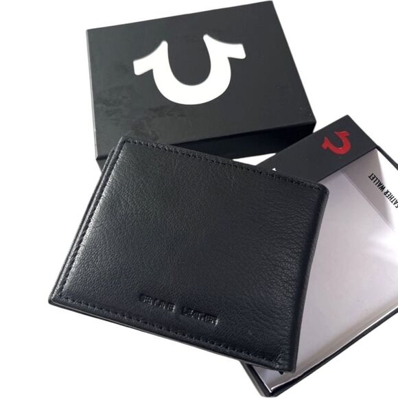 New TRUE RELIGION Slim Bifold Wallet Leather Logo Black Boxed ID Horner RFID X - Picture 4 of 9